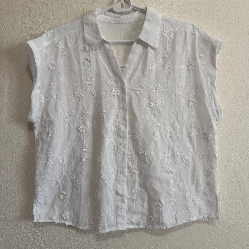 White Floral Embroidered Button Down Sleeveless V-Neck Top‎ Blouse XL
